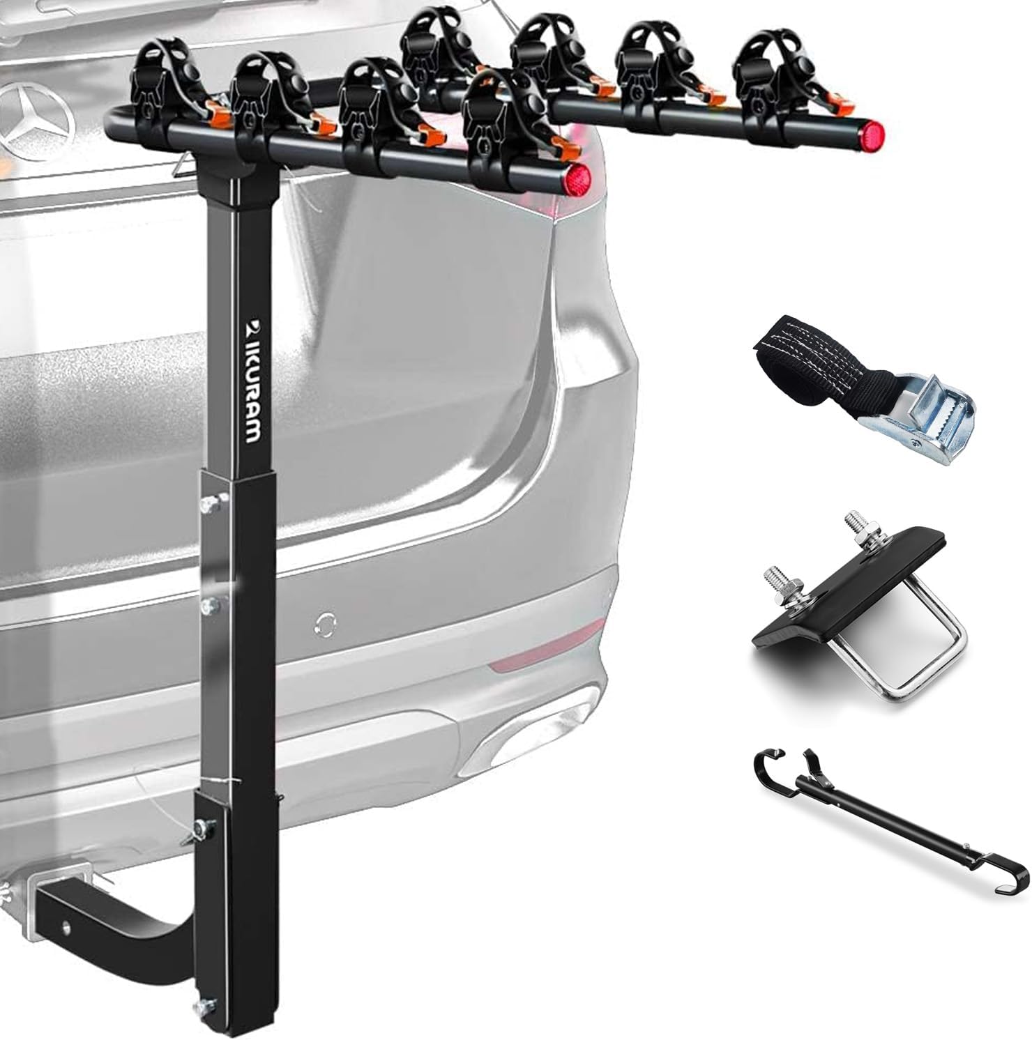 4 Bike Rack Bicycle Carrier Racks Hitch Mount Double Foldable Rack for Cars Truck SUV Fits 2' Receiver, Tie Down Strap, Anti-Rattle Hitch Tightener & Bicycle Cross-bar Adapter for Kid's Bike