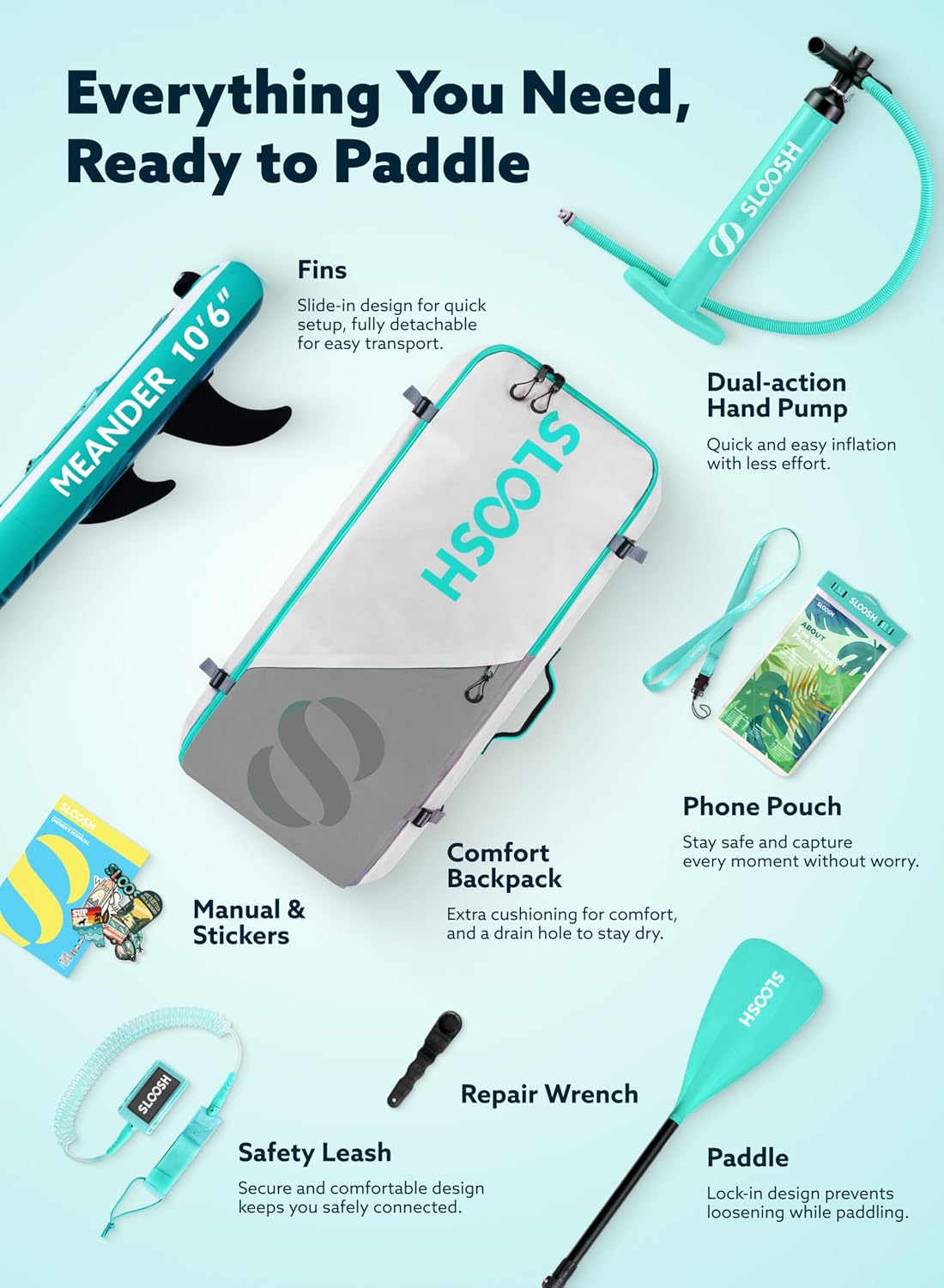 SLOOSH Inflatable Stand Up Paddle Board, 10'6' Inflatable Paddle Boards with Premium Accessories, Non-Slip EVA Deck, Ultra-Light Carry Bag Pump, Meander SUP for Youth & Adults