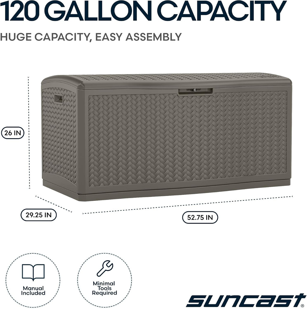 Suncast Extra Large Deck Box - 124 Gallon Resin Outdoor Storage Box with Lockable Lid for Outdoor Cushion Storage, & Garden Gear, Stoney Grey Wicker Bin for Patio, Porch, Pool, & Yard