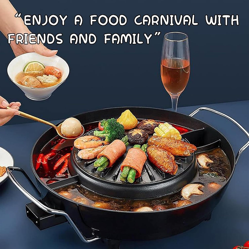 Electric Hot Pot & Grill Combo - Non-Stick Soup Pot & Korean BBQ for 2-4, Easy to Clean, Perfect for Family Gatherings, Medium Size Kitchen Essential