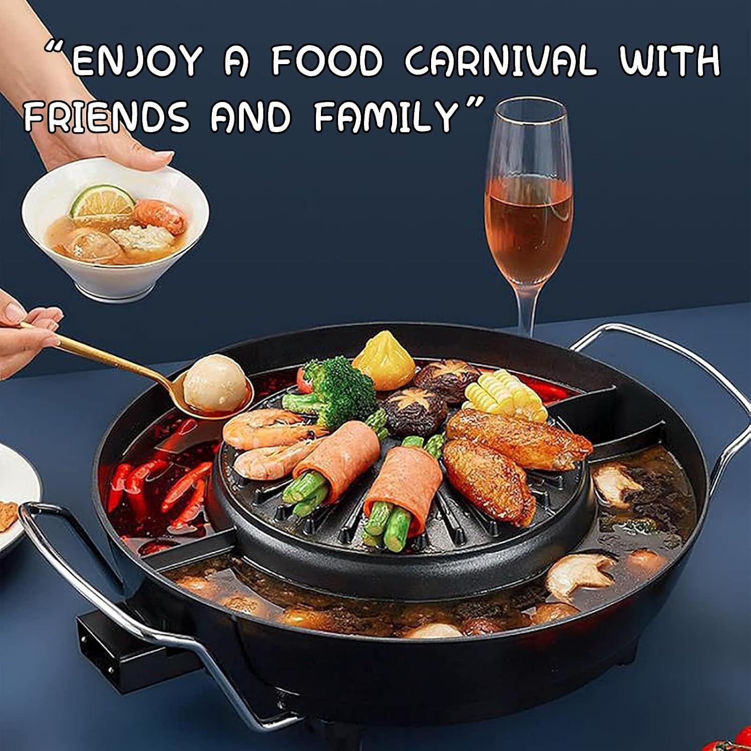 Electric Hot Pot & Grill Combo - Non-Stick Soup Pot & Korean BBQ for 2-4, Easy to Clean, Perfect for Family Gatherings, Medium Size Kitchen Essential