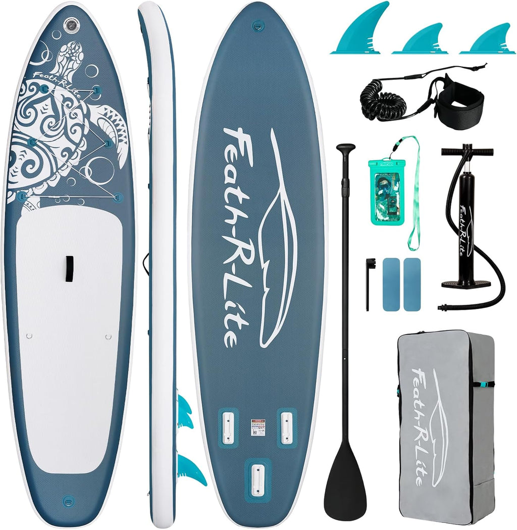 FEATH-R-LITE Inflatable Paddle Board Stand Up Paddleboards for Adults SUP with Premium Accessories Pump, Adjustable Paddle, Leash, Three Fins, Backpack