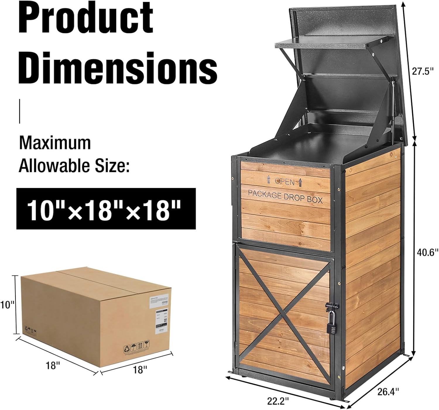 Package Delivery Box with Anti-Theft Lock & Weatherproof Design - 40+ Gallon Large Outdoor Parcel Drop Box for Porch, Metal/Wood Frame for UPS/FedEx Deliveries
