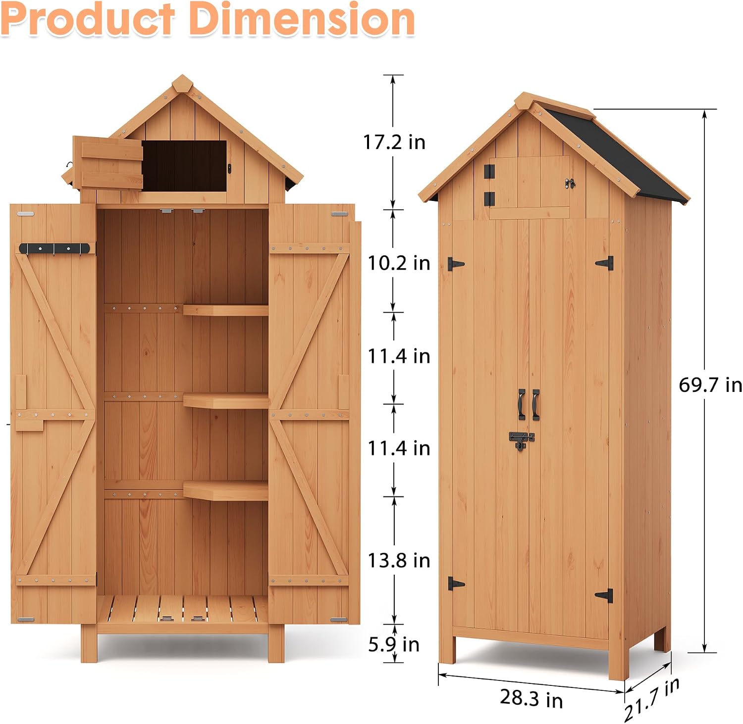 70in Tall Outdoor Storage Shed, Waterproof Wooden Garden Tool Shed with 4 Shelves and Lockable Doors, Vertical Outdoor Storage Cabinet for Patio Yard Lawn