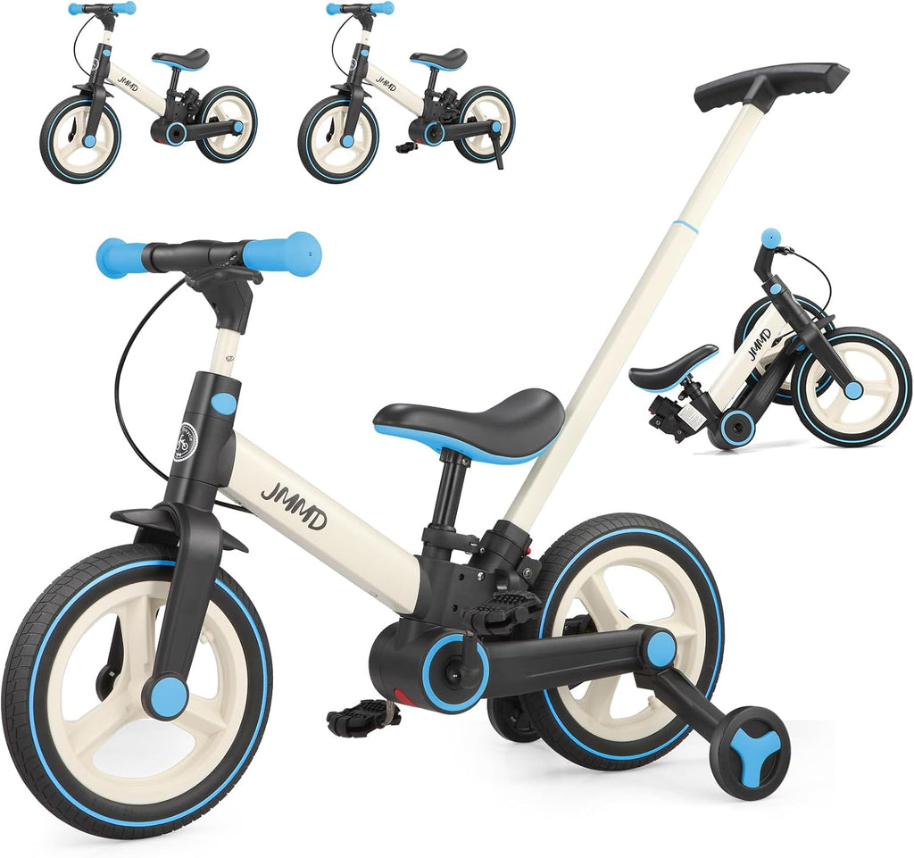 JMMD 6 in 1 Toddler Bike with Push Handle for Kids 18-60 Months, 12' Foldable Balance Bike with Training Wheels, Pedals, Brakes, Kickstand, Push Tricycle Toddler Gift & Toys for Boy & Girl