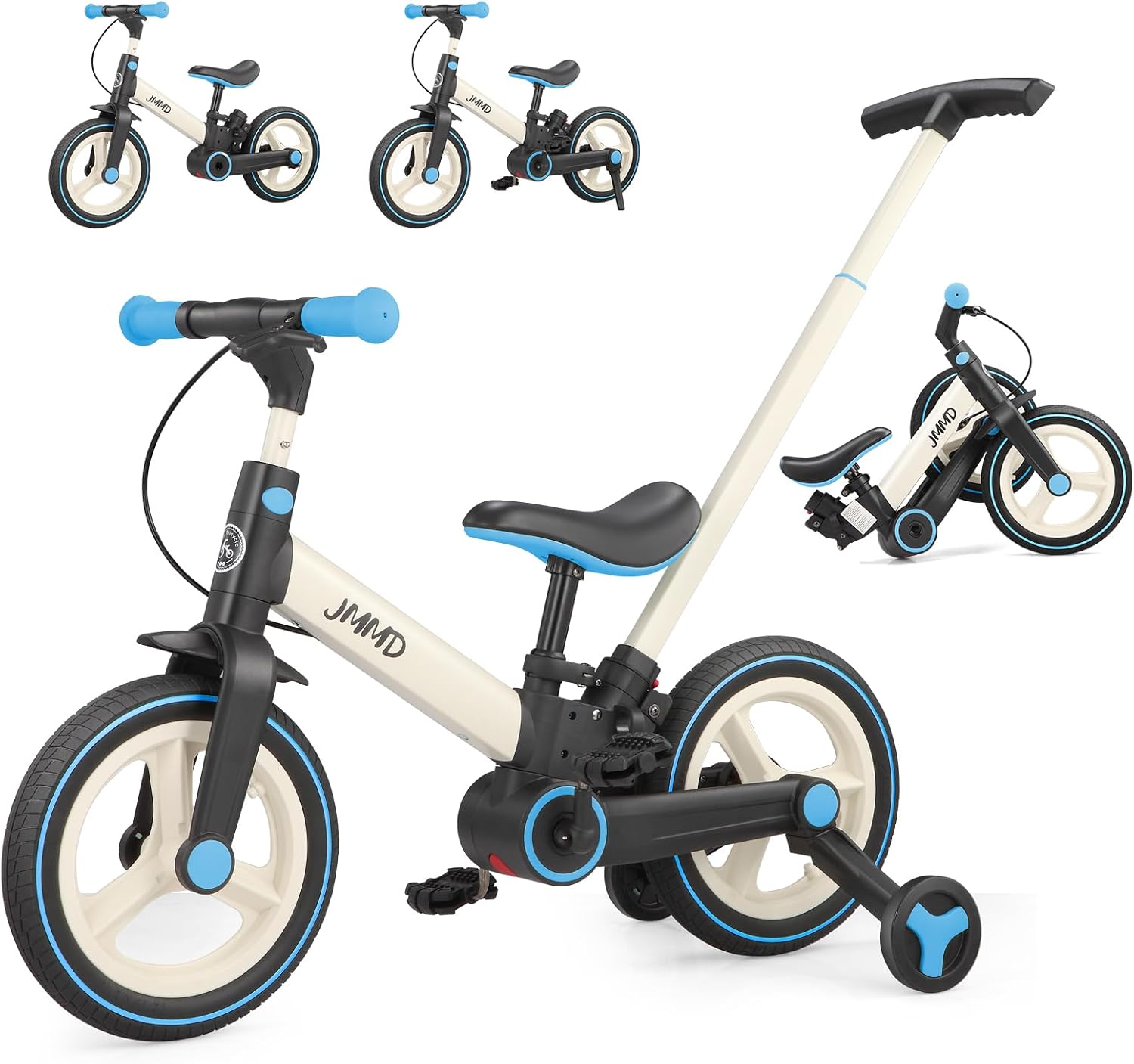 JMMD 6 in 1 Toddler Bike with Push Handle for Kids 18-60 Months, 12' Foldable Balance Bike with Training Wheels, Pedals, Brakes, Kickstand, Push Tricycle Toddler Gift & Toys for Boy & Girl