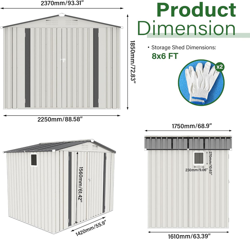 8x6 FT Outdoor Storage Shed, Metal Garden Shed with Window, Outside Tool Sheds with Lockable Hinged Doors, Waterproof Storage Building with 4 Air Vents for Backyard, Patio, Lawn, White