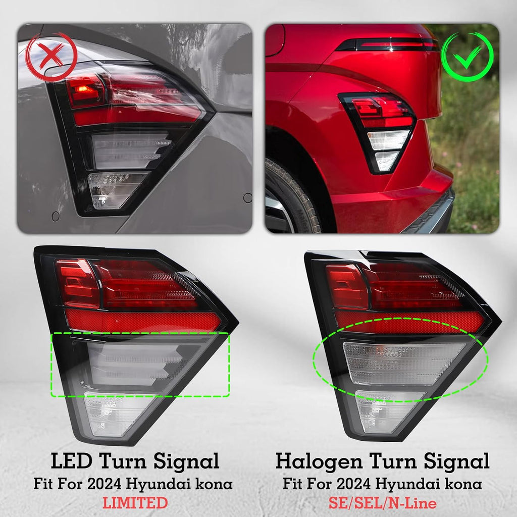 Left LED Tail light W/Halogen Turn Signal Assembly Compatible With 2024-2025 Hyundai Kona SE/SEL/N-Line Outer Rear Tail Lamp Left Driver Side 92405-BE020