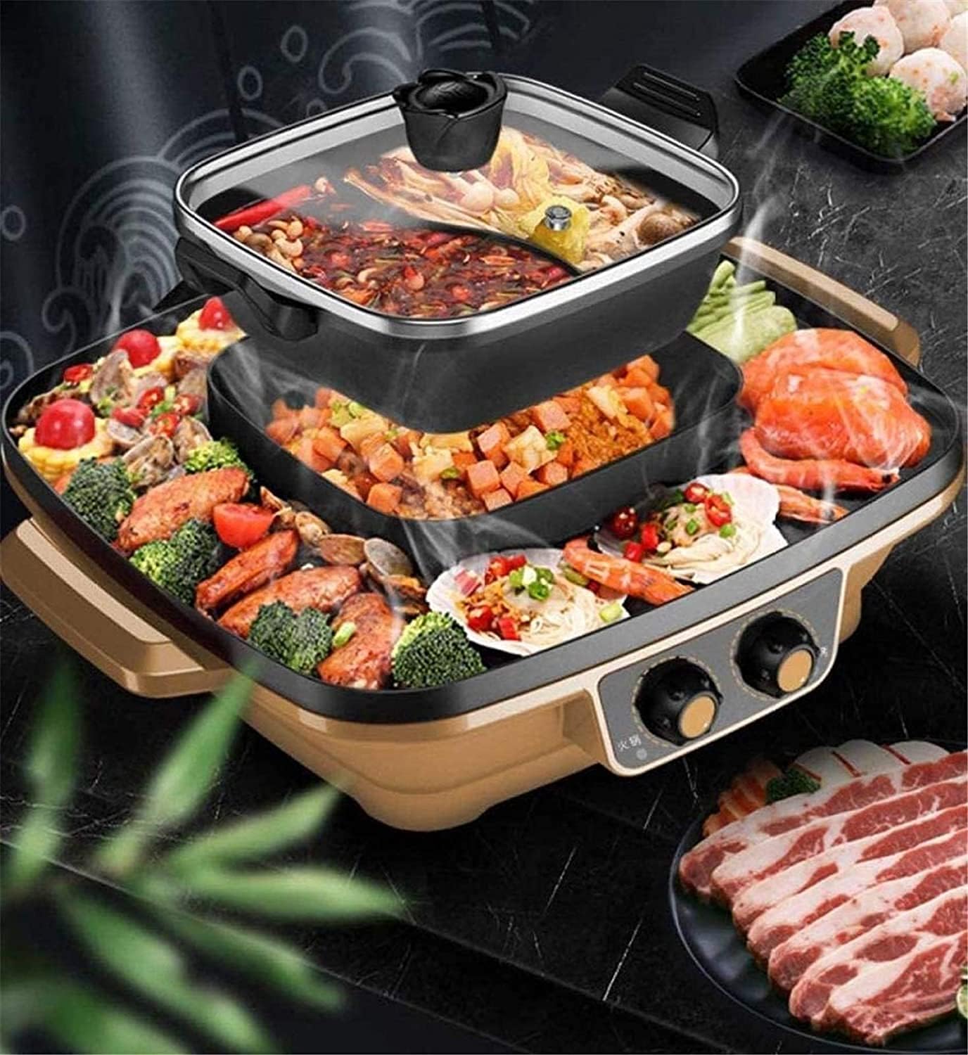 Electric BBQ Grill Indoor Electric Griddle Grill Teppanyaki BBQ Hot Plate Camping, Non Stick, Adjustable Temperature 2200W (Color : Gold, Size : Detachablepot)