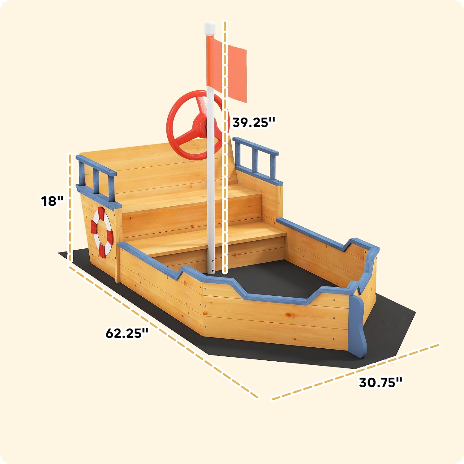 Outsunny Wooden Kids Sandbox, Ship-Shape Outdoor Sandboat with Bench Seats, Storage, Non-Woven Fabric Cloth for Backyard, Lawn, Natural Wood