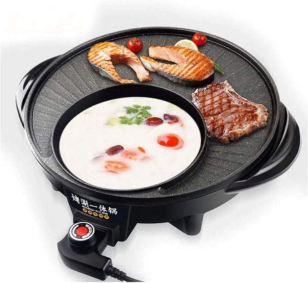 Korean BBQ Grill Electric Grill Hot Pot Shabu Shabu Hot Pot Electric with Lid And Oil Drain Hole Non-Stick Coating Surface Suitable for Gathering of 3-10 People,Household