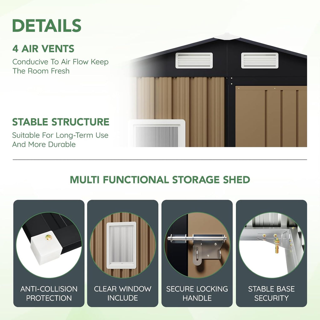 MistMo 6X4FT Outdoor Steel Storage Shed with Lockable Doors, One Window,Ideal for Garden, Backyard, Patio Storage,Brown