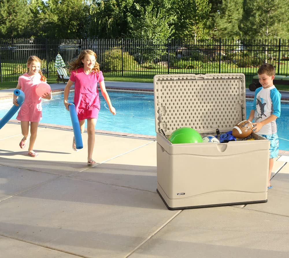 LIFETIME 60059 Black Bottom & Desert (Tan) Sides and Lid Outdoor Storage Box-80 Gal, 80 Gallon, Desert Sand