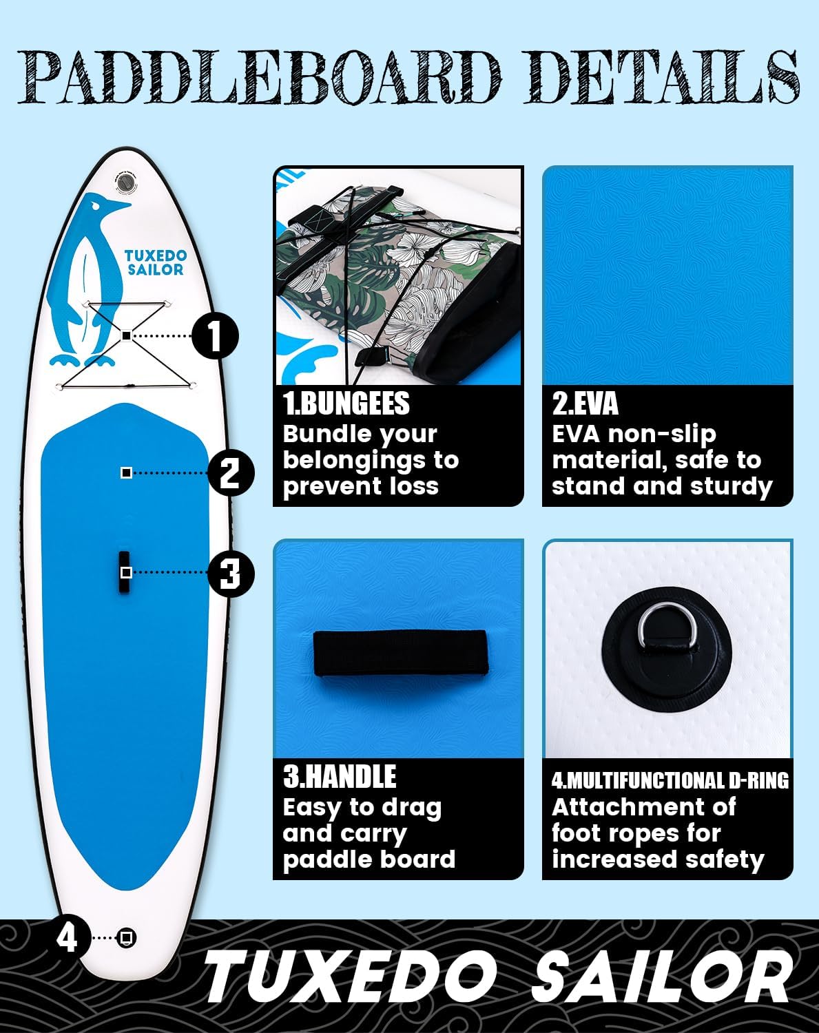 Tuxedo Sailor 10'6'/11' Inflatable Stand Up Paddle Board with SUP Accessories, Anti-Slip EVA Deck and Large Fin, Paddle Boards for Adults & Youth of All Skill Levels