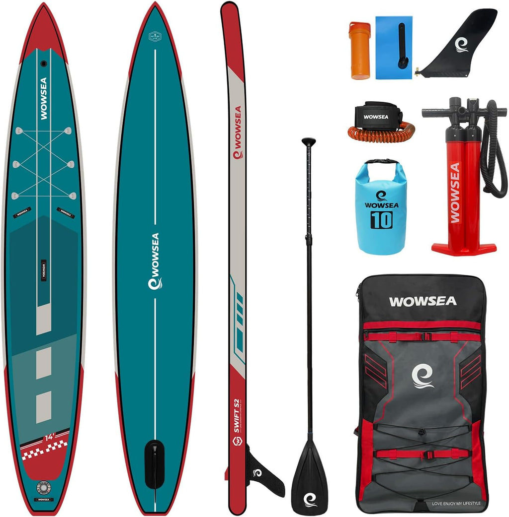 WOWSEA Swift S2 Inflatable Paddle Board, Exploring and Stable SUP Board, Sport & Racing Paddle Board with Action Camera Mount, Nice iSUP Board for Aquatic Exercise and Professional Paddlers (14')
