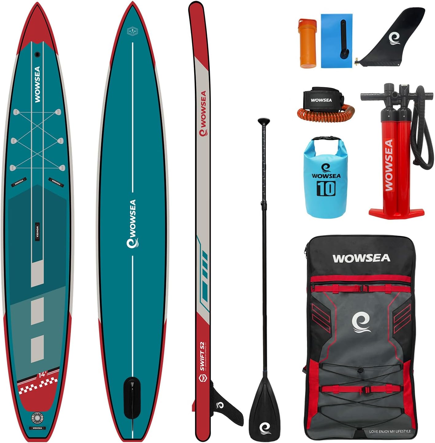 WOWSEA Swift S2 Inflatable Paddle Board, Exploring and Stable SUP Board, Sport & Racing Paddle Board with Action Camera Mount, Nice iSUP Board for Aquatic Exercise and Professional Paddlers (14')