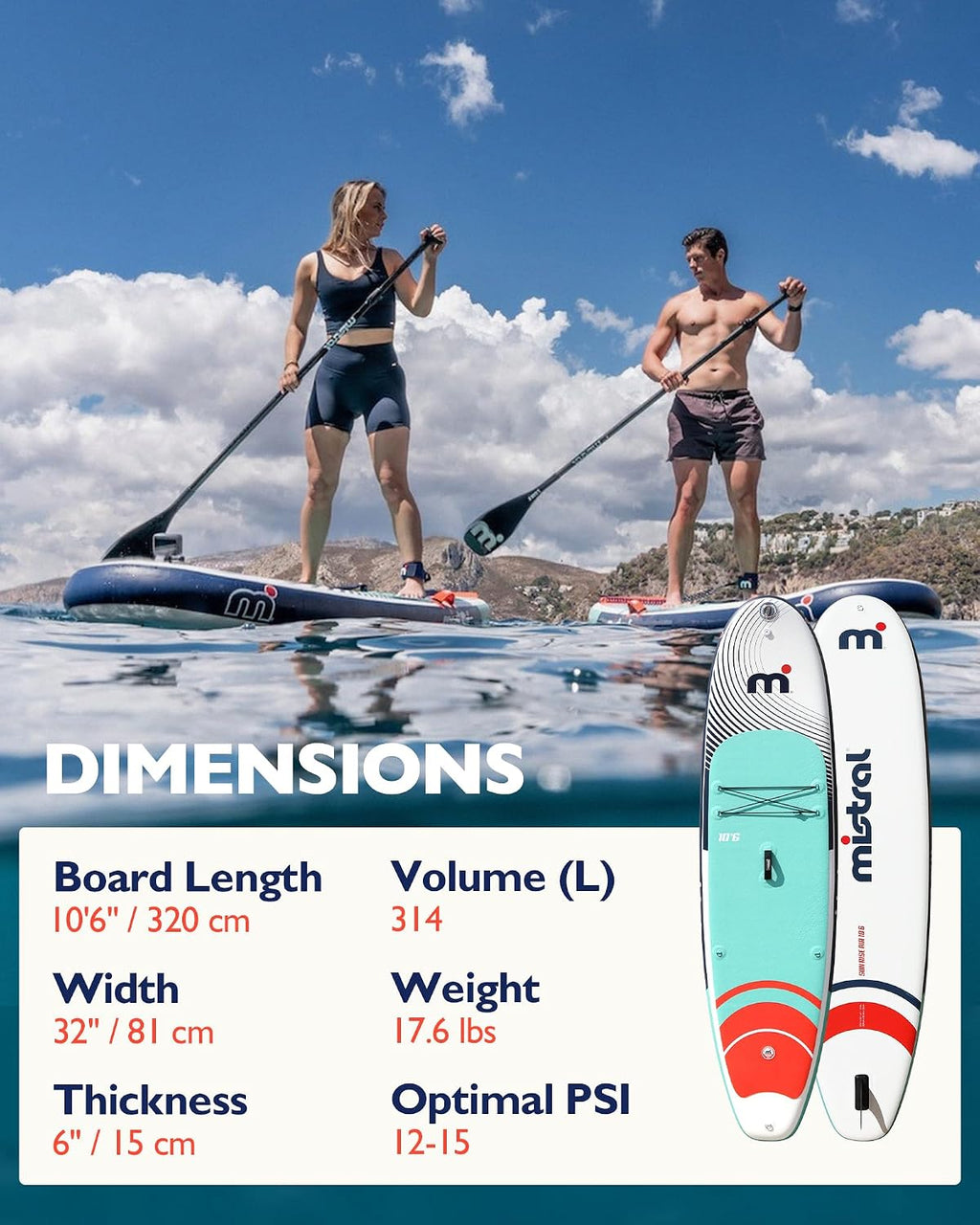 Mistral Inflatable Stand Up Paddle Board, 10'6''x32''x6'' Stable and Lightweight Paddleboard, with Carry Bag, Dual Action Pump, Paddle, Leash, Anti-Slip EVA Deck for Adults & Youth