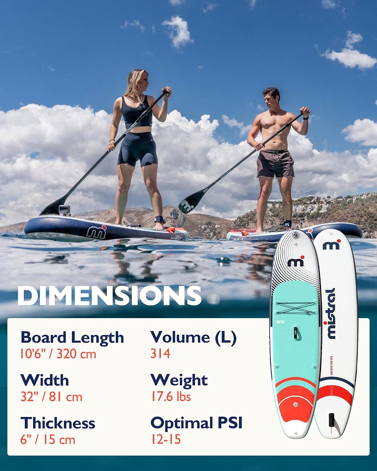 Mistral Inflatable Stand Up Paddle Board, 10'6''x32''x6'' Stable and Lightweight Paddleboard, with Carry Bag, Dual Action Pump, Paddle, Leash, Anti-Slip EVA Deck for Adults & Youth