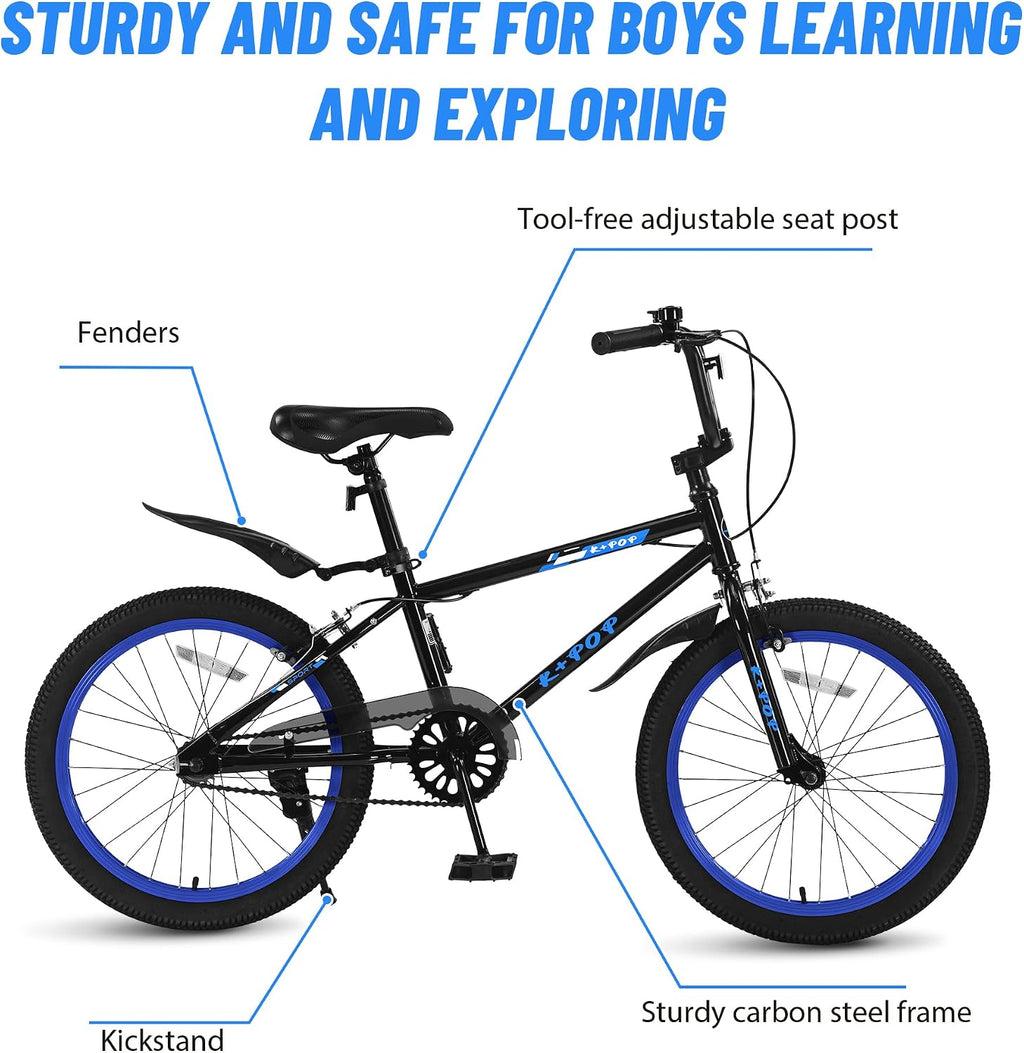 20 Inch Kids' Bike for Boys Aged 7-12, BMX-Style Boys Bike for Kids, Lightweight Children's Bicycles, Kids' Bicycles with Front and Rear Brakes, Adjustable Seat, Kickstand