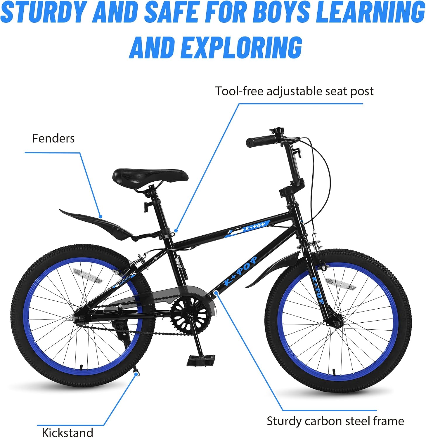 20 Inch Kids' Bike for Boys Aged 7-12, BMX-Style Boys Bike for Kids, Lightweight Children's Bicycles, Kids' Bicycles with Front and Rear Brakes, Adjustable Seat, Kickstand