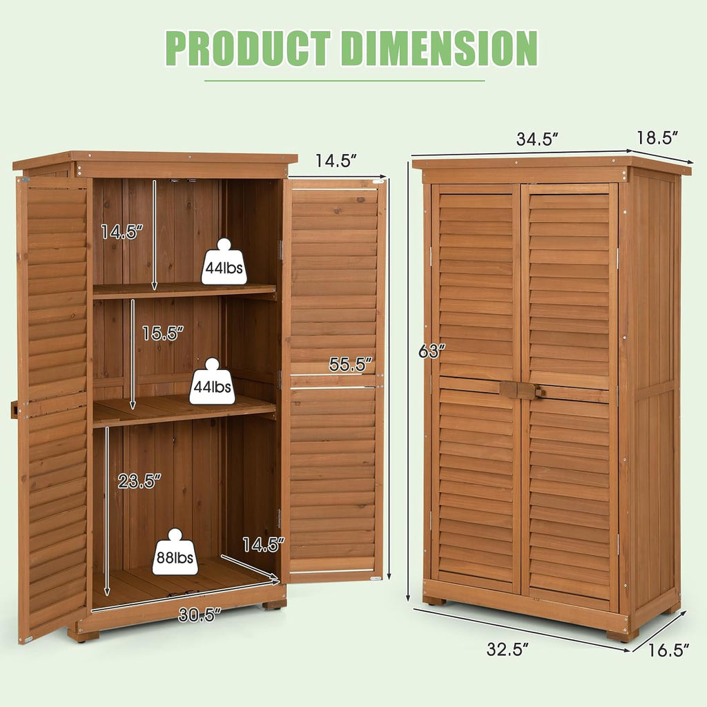 Goplus Outdoor Storage Cabinet, Wooden Storage Shed with Latch, Detachable Shelves & Weather Resistant Pitch Roof, Vertical Garden Tool Organizer for Outside Yard Patio Deck