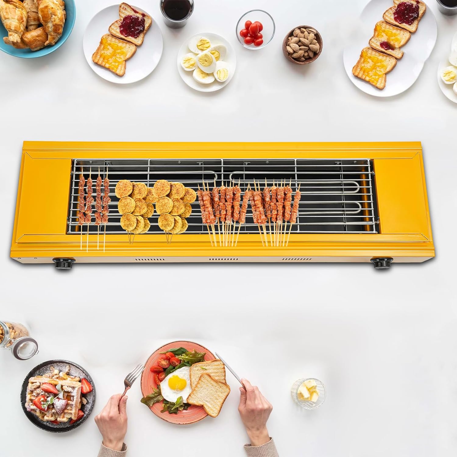 DYRABREST Electric Portable BBQ Grill 3000W Dual-Head Temperature Control Stainless Steel Griller with Large 31.6x20.5 Inch Cooking Surface, 110V Outdoor Grill for Steak, Chicken, Vegetables (Yellow)