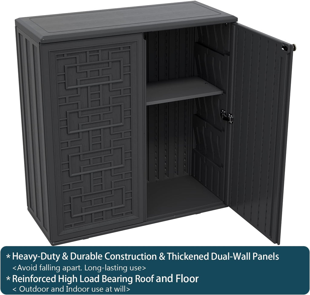 HOMSPARK Indoor/Outdoor Storage Cabinet with Doors and Shelf, 34'x15'x36' HDPE Plastic Storage Box Waterproof for Patio, Garden, Balcony, Multi-Purpose for Daily Tools, Black