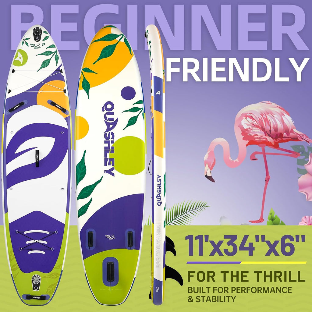 Quashley Inflatable Paddle Board Extra Wide Stand Up Paddleboards 11'×34' with All Premium Paddle Board Accessories,Inflatable SUP for Adults/Family,Beginner-Friendly,Removable Fin,Hand Pump