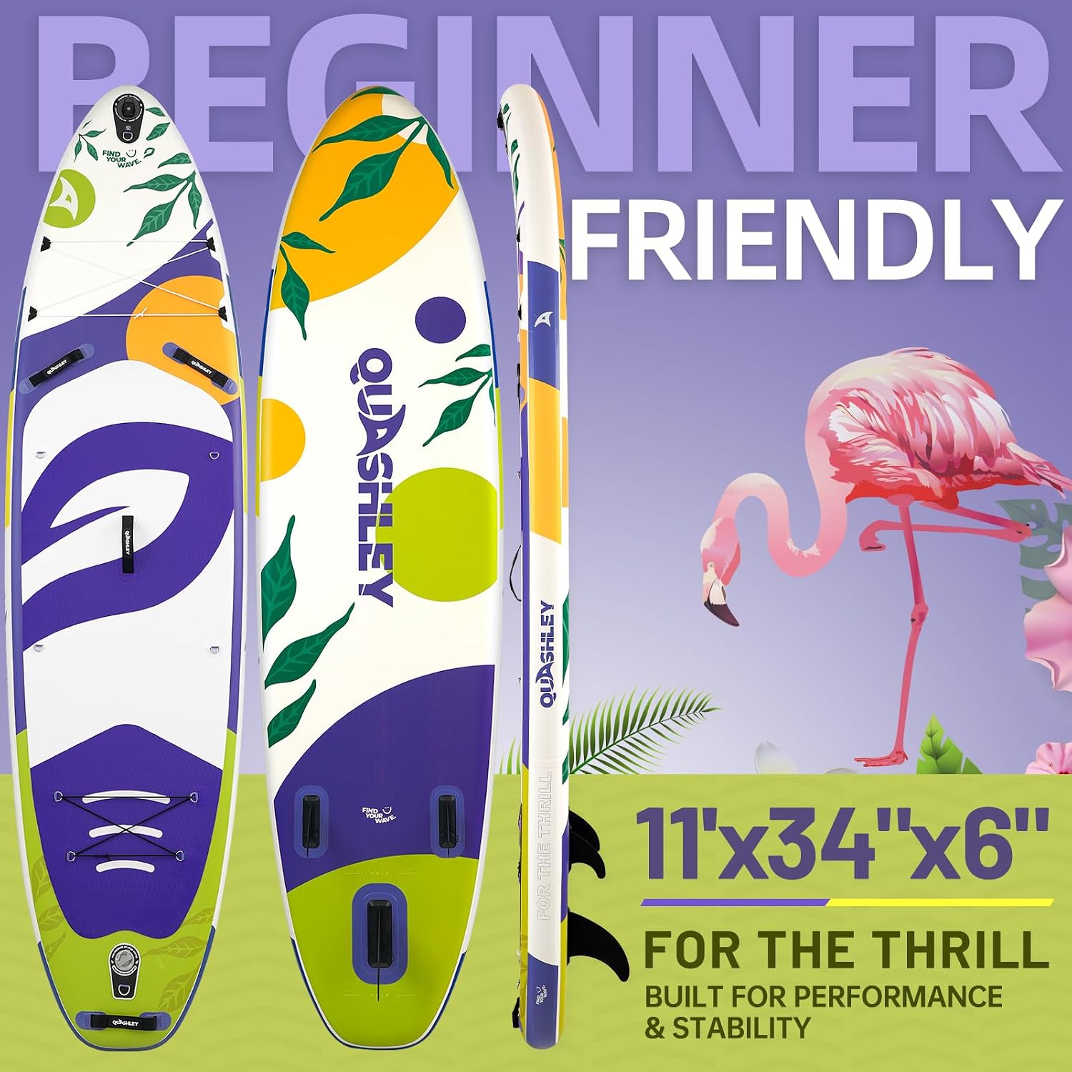 Quashley Inflatable Paddle Board Extra Wide Stand Up Paddleboards 11'×34' with All Premium Paddle Board Accessories,Inflatable SUP for Adults/Family,Beginner-Friendly,Removable Fin,Hand Pump