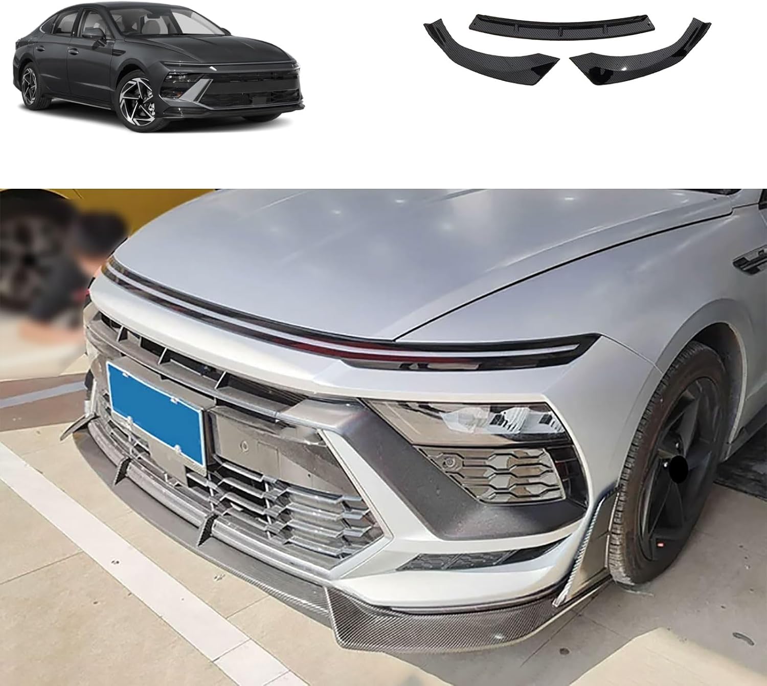 Front Bumper Lip Splitter Kit Compatible with Hyundai Sonata 1.5T SE，SEL，SEL Convenience/Hybrid Limited 2024 2025 Lower Chin Spoiler Splitter Exterior ABS 3PCS(Carbon Fiber Style)