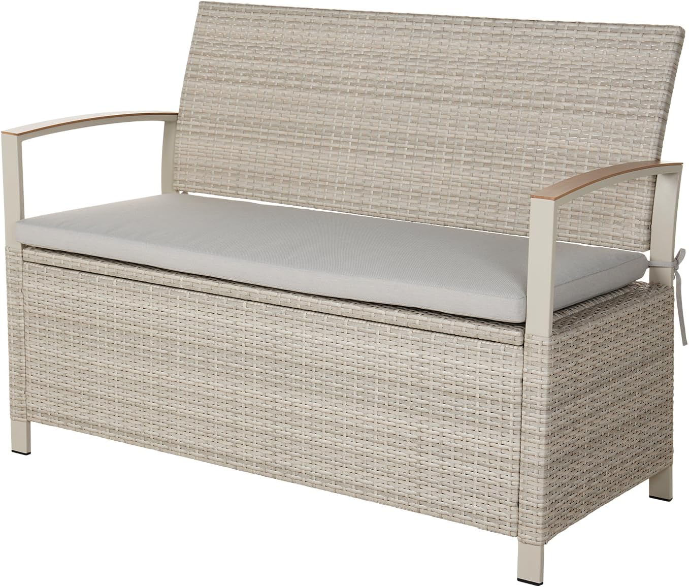 Grand patio Outdoor Storage Bench Deck Box with Olefin Cushion, Wicker Deck Box with Water Resistant Bag, Outdoor Seating for Front Porch, Store Garden Tools and Pool Storage (Warm Gray)