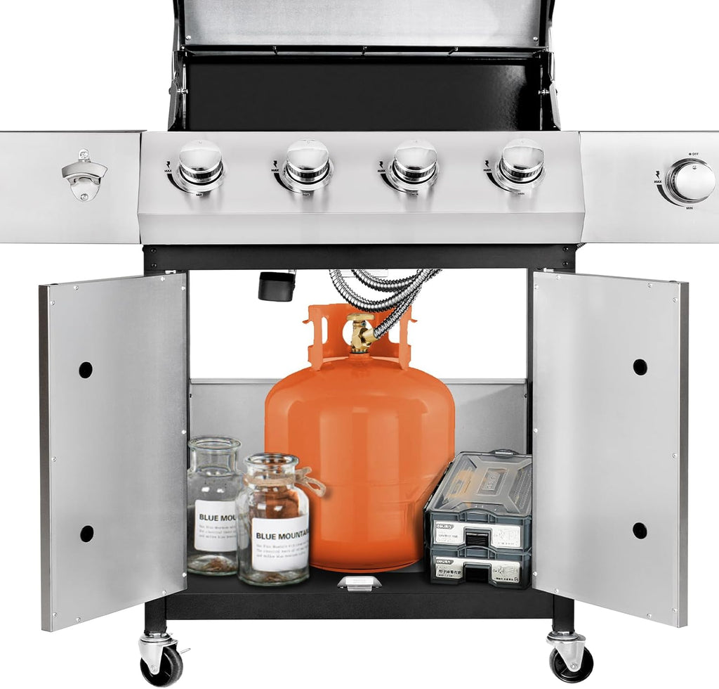 Kendane 4-Burner Propane Gas BBQ Grill with Side Burner, Barbecue Gas Grill with Enameled Cast Iron Grates for Outdoor Patio Garden Barbecue, 53,000 BTU, with Stainless Steel Grill Cover