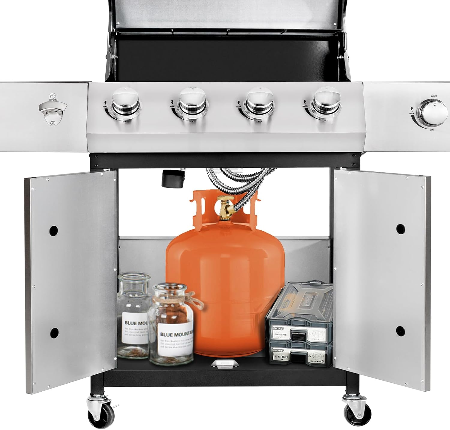 Kendane 4-Burner Propane Gas BBQ Grill with Side Burner, Barbecue Gas Grill with Enameled Cast Iron Grates for Outdoor Patio Garden Barbecue, 53,000 BTU, with Stainless Steel Grill Cover