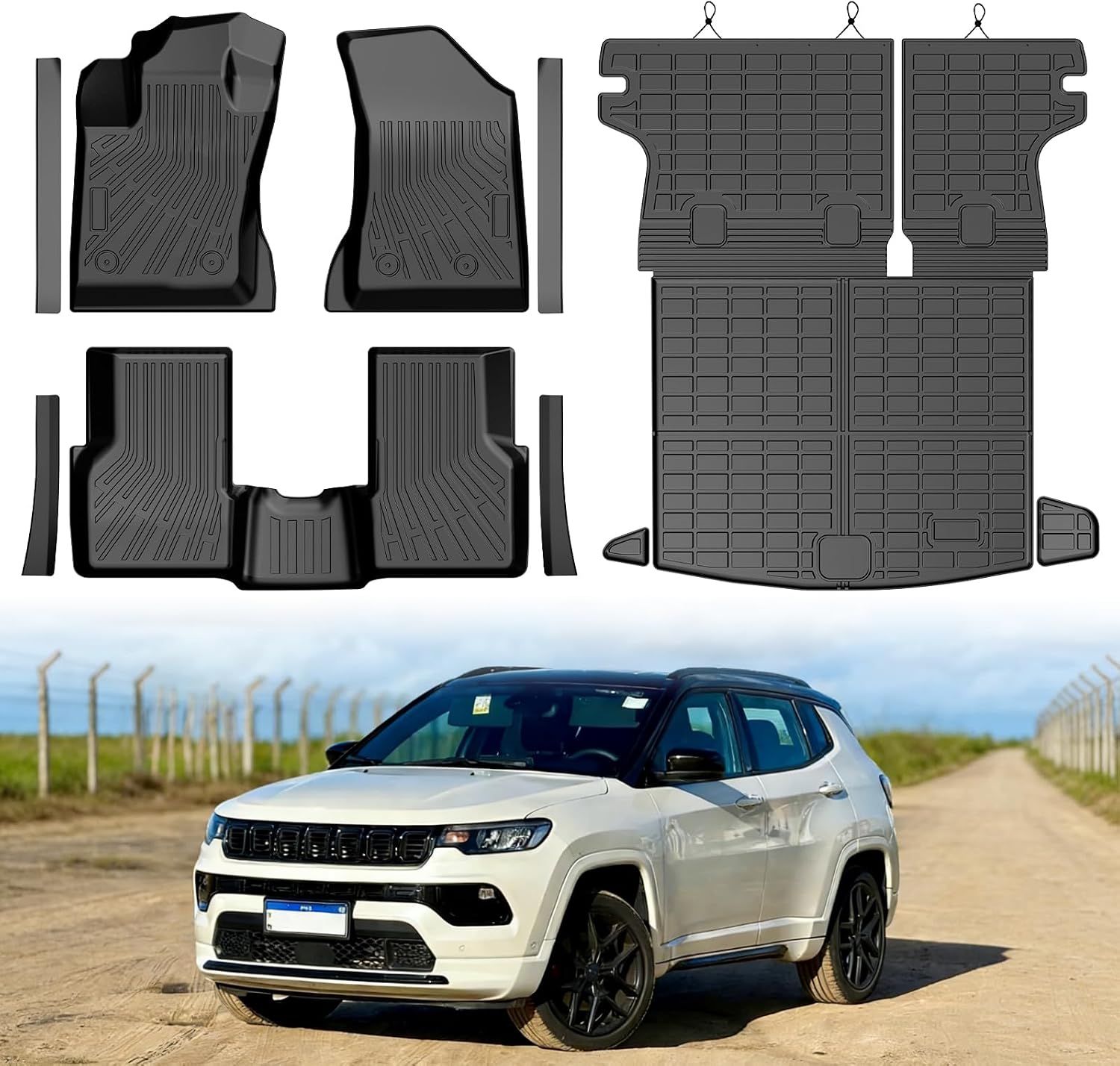 Mixsuper Floor Mat & Cargo Liner for Jeep Compass 2017-2026(Fit New Body Style 2nd Generation)All Weather TPE Floor mat with Backrest and Door Sill Guards Compass Accessories,Anti-Slip Floor Mat Black