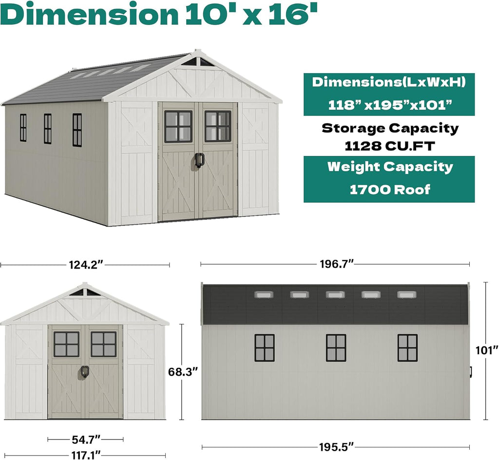 Devoko 10x16 FT Resin Outdoor Storage Shed with Floor, Plastic Tool Garden Shed, Beige