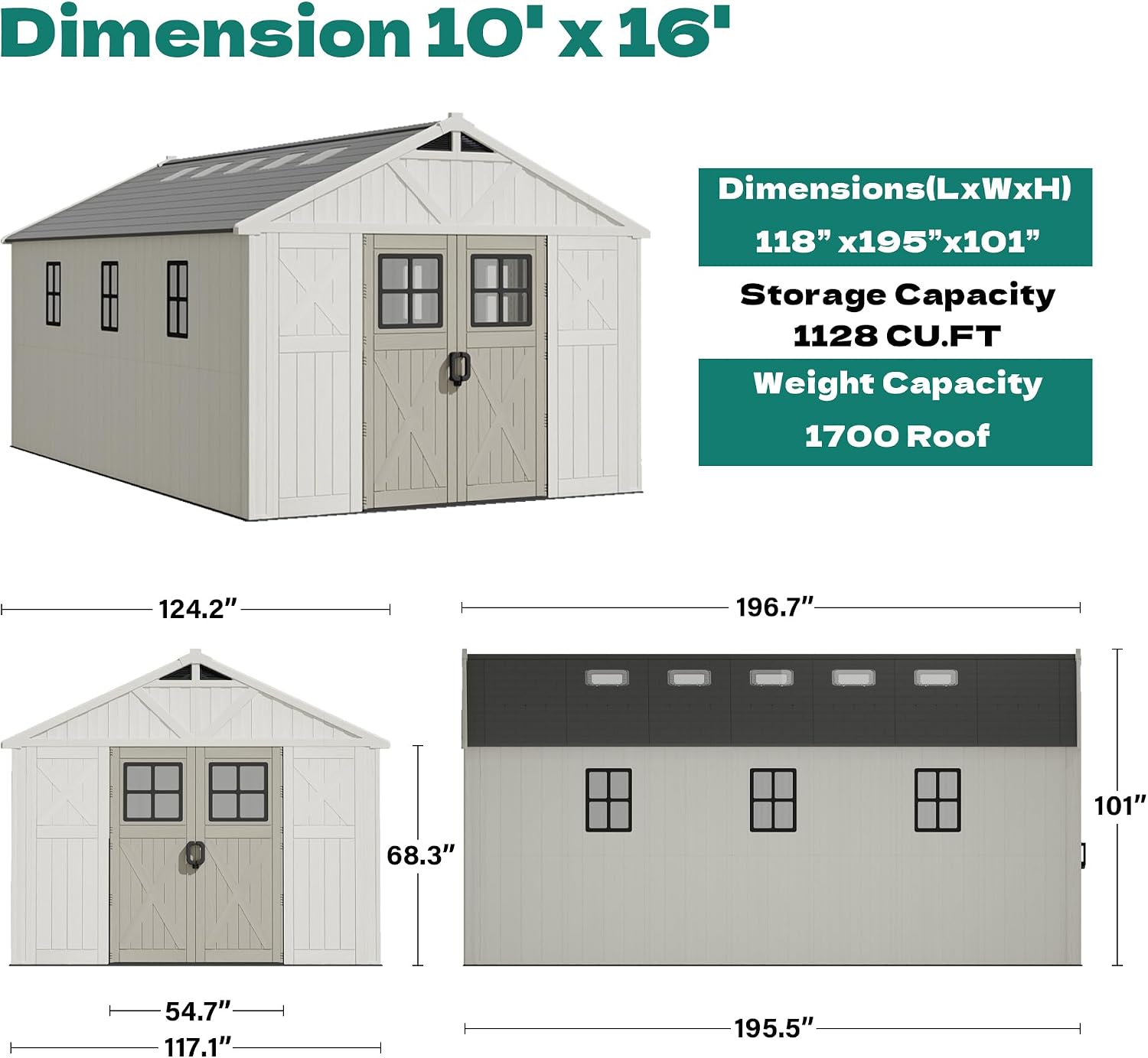Devoko 10x16 FT Resin Outdoor Storage Shed with Floor, Plastic Tool Garden Shed, Beige