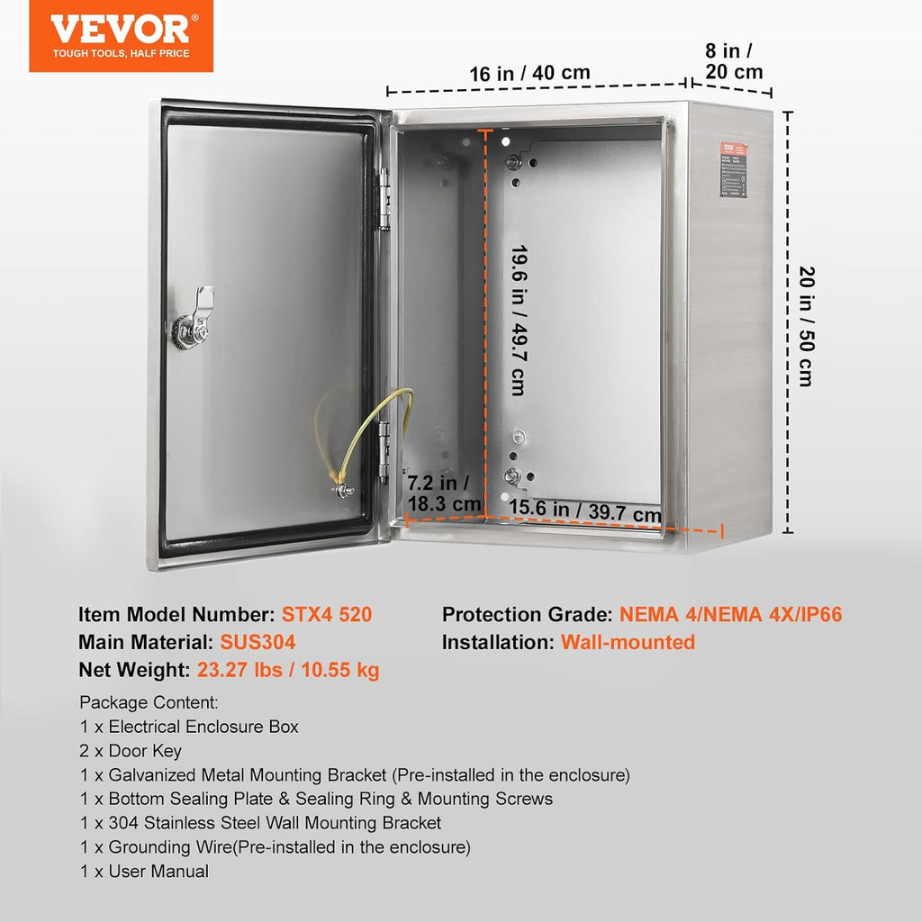 Steel Electrical Box, 20'x 16'x 8', 304 Stainless Steel Electrical Enclosure Box, Wall-Mounted Outdoor Electrical Electronic Equipment Enclosure with Mounting Plate Hinges Lock, IP66 Waterproof