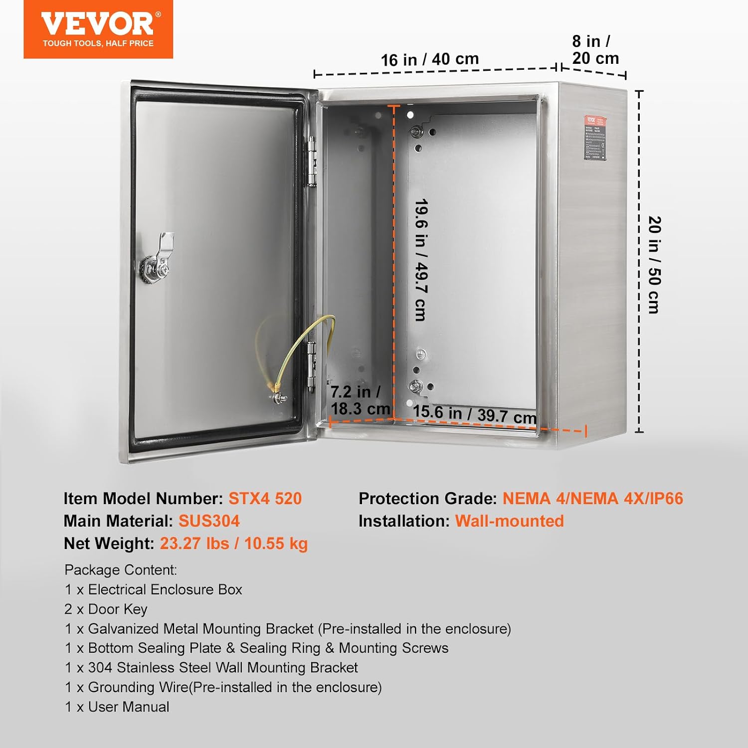 Steel Electrical Box, 20'x 16'x 8', 304 Stainless Steel Electrical Enclosure Box, Wall-Mounted Outdoor Electrical Electronic Equipment Enclosure with Mounting Plate Hinges Lock, IP66 Waterproof