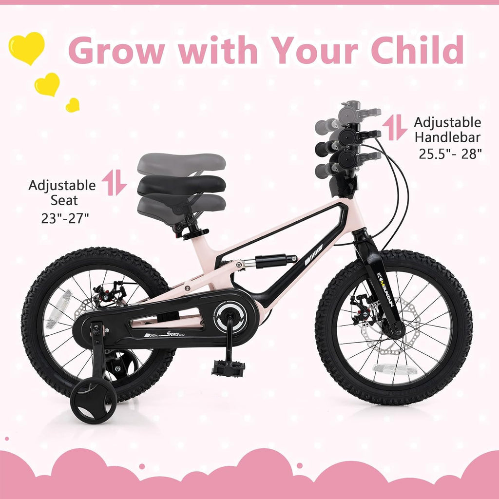 BABY JOY Kids Bike, 16' Magnesium Sporty Bicycle with Dual Disc Brakes, Removable Training Wheels, Body Suspension, Adjustable Handlebar & Saddle, Girls Boys Bike