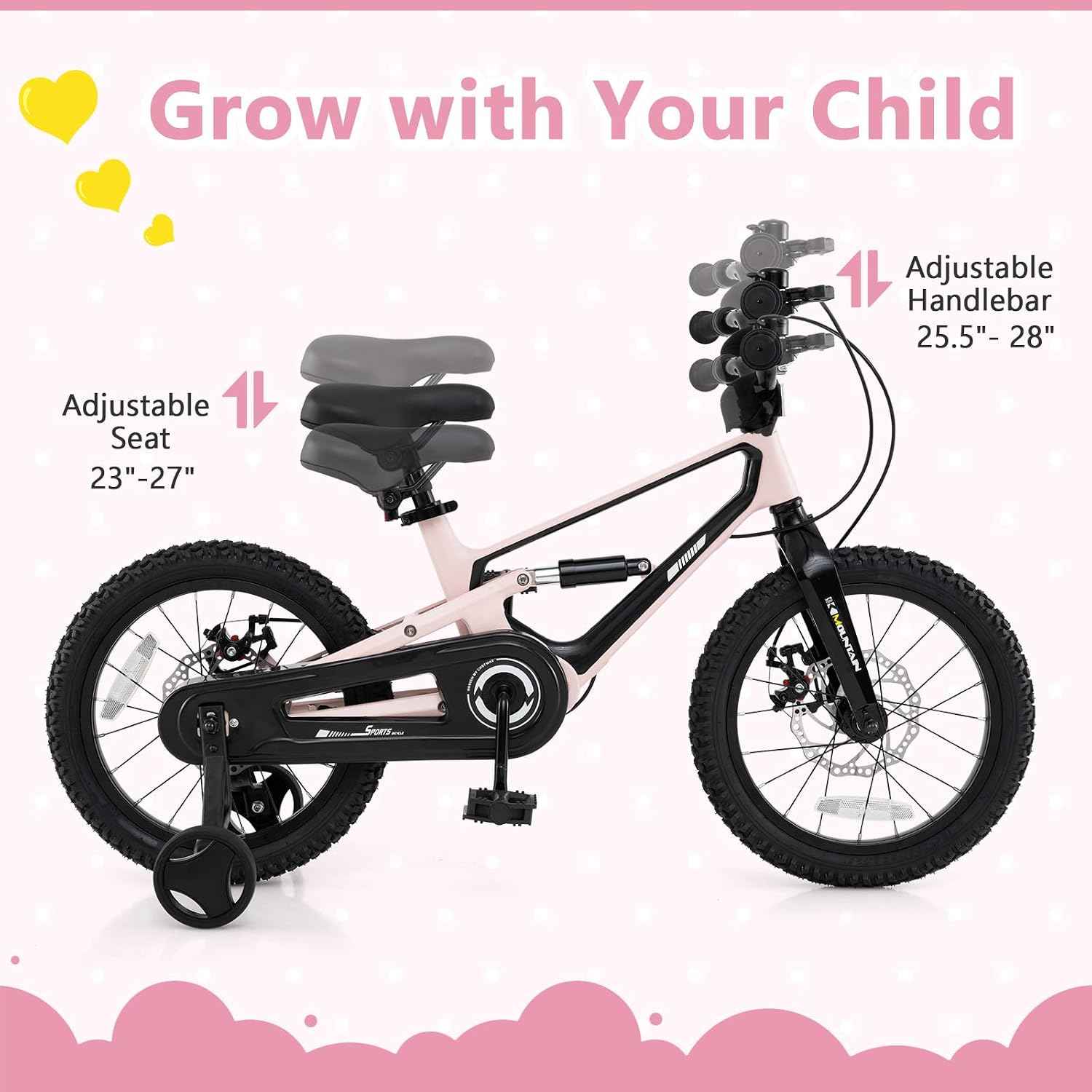 BABY JOY Kids Bike, 16' Magnesium Sporty Bicycle with Dual Disc Brakes, Removable Training Wheels, Body Suspension, Adjustable Handlebar & Saddle, Girls Boys Bike