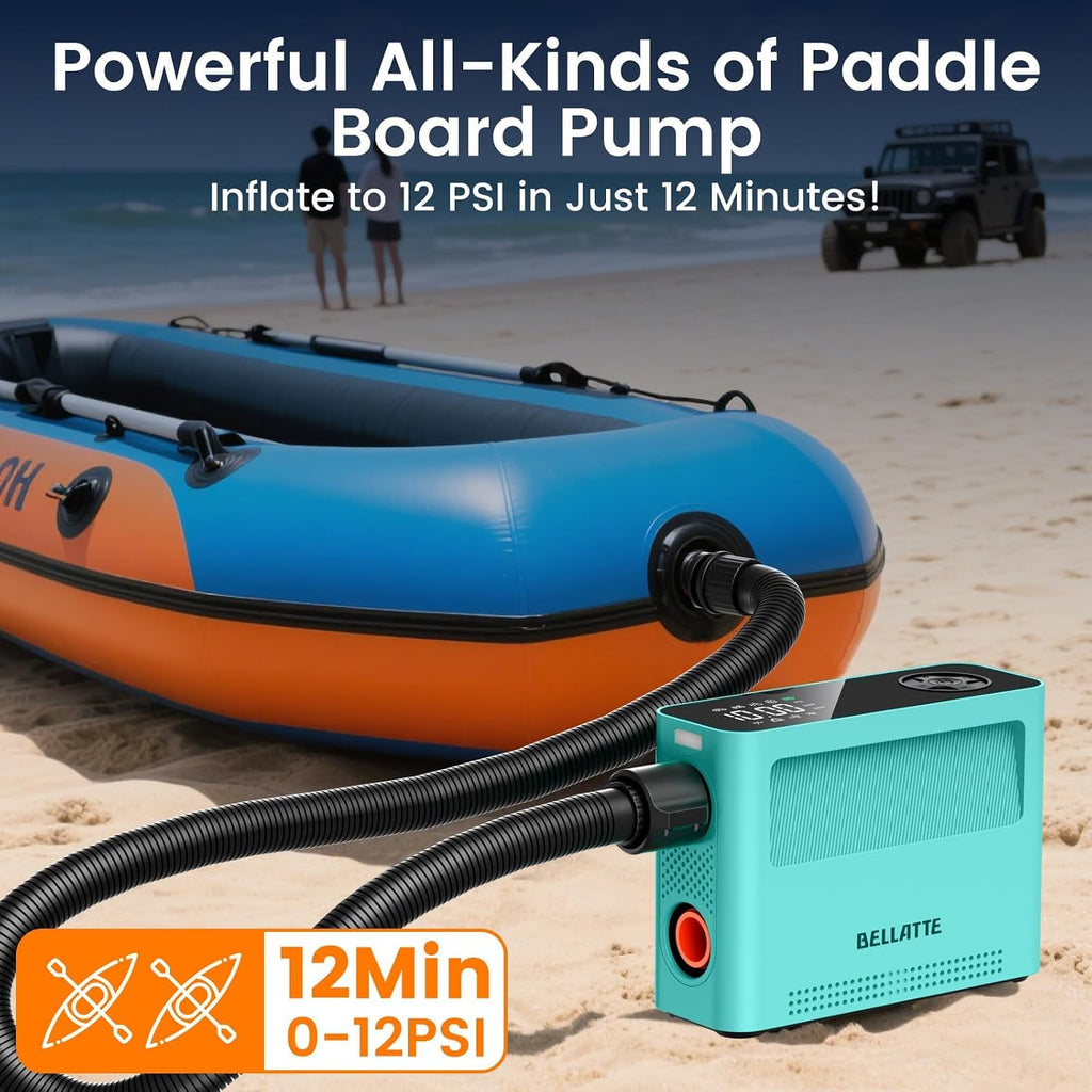 Electric Paddle Board Pump 150PSI - 4X Faster SUP Pump, Auto Air Compressor for SUP, Car Tires, Bike, Ball, Kayak, Tent, Float (Portable & Auto-Off & Inflator & Deflator)