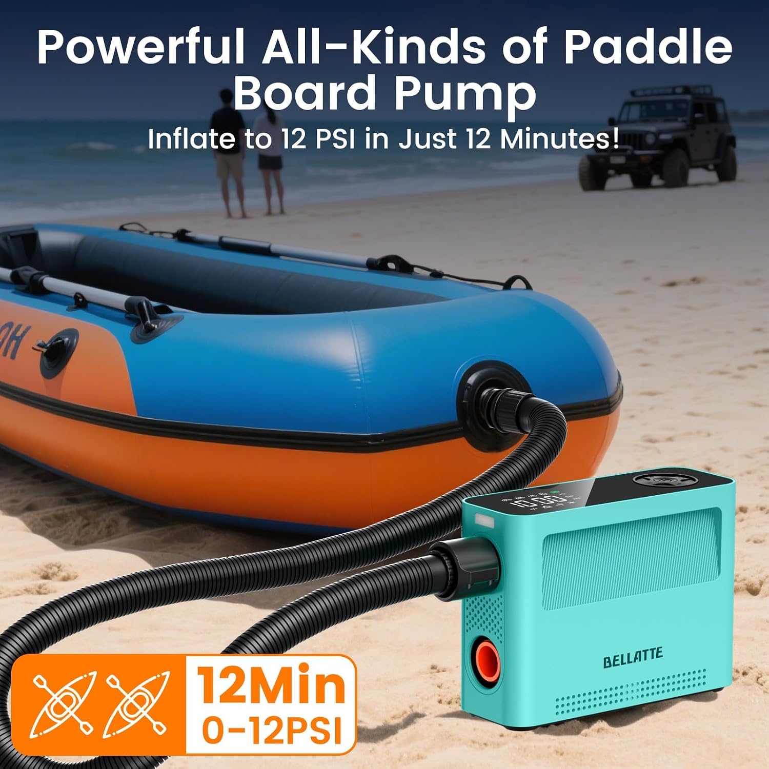 Electric Paddle Board Pump 150PSI - 4X Faster SUP Pump, Auto Air Compressor for SUP, Car Tires, Bike, Ball, Kayak, Tent, Float (Portable & Auto-Off & Inflator & Deflator)