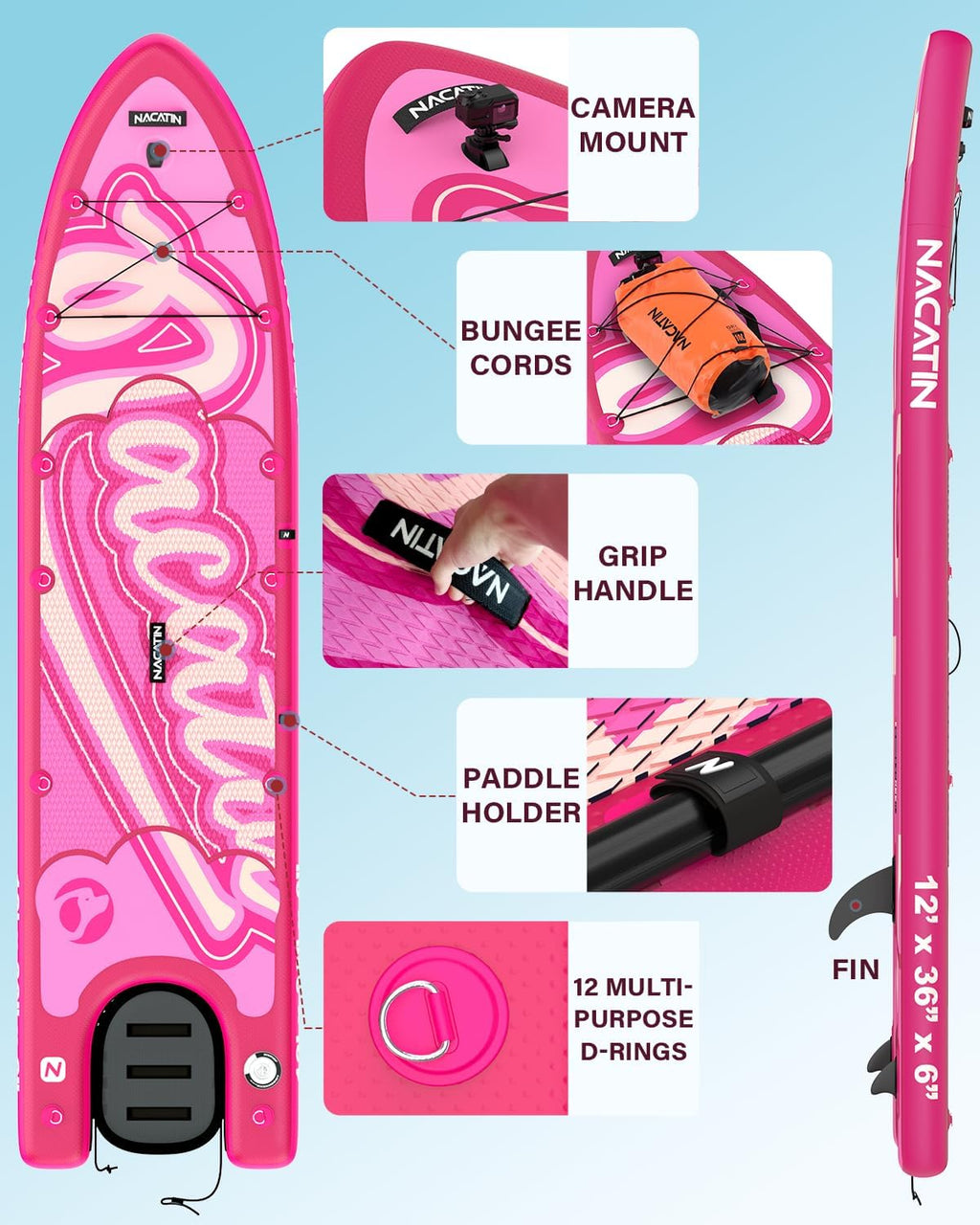 NACATIN Inflatable Stand Up Paddle Board - Premium SUP Board with Dog Ramp Kit, Complete SUP Set Paddle Boards for Adults with Single/Double Paddle, Kayak Seat, Suitable for Paddle Boarding with Dog