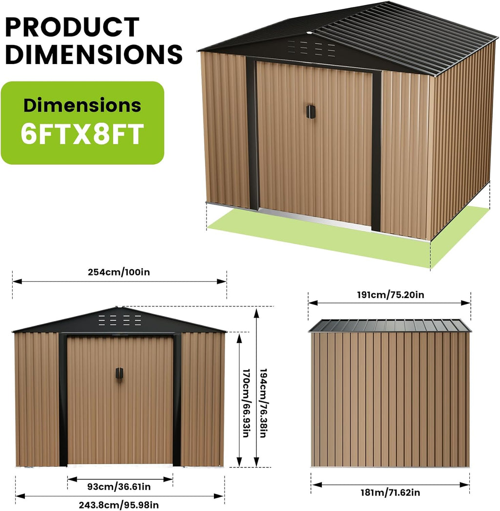 8FT x 6FT Sheds & Outdoor Storage, Metal Garden Shed, Outdoor Storage Shed, Metal Utility Tool Storage Shed with Door Lock, Waterproof Roofs, for Backyard Garden Patio Lawn, Brown