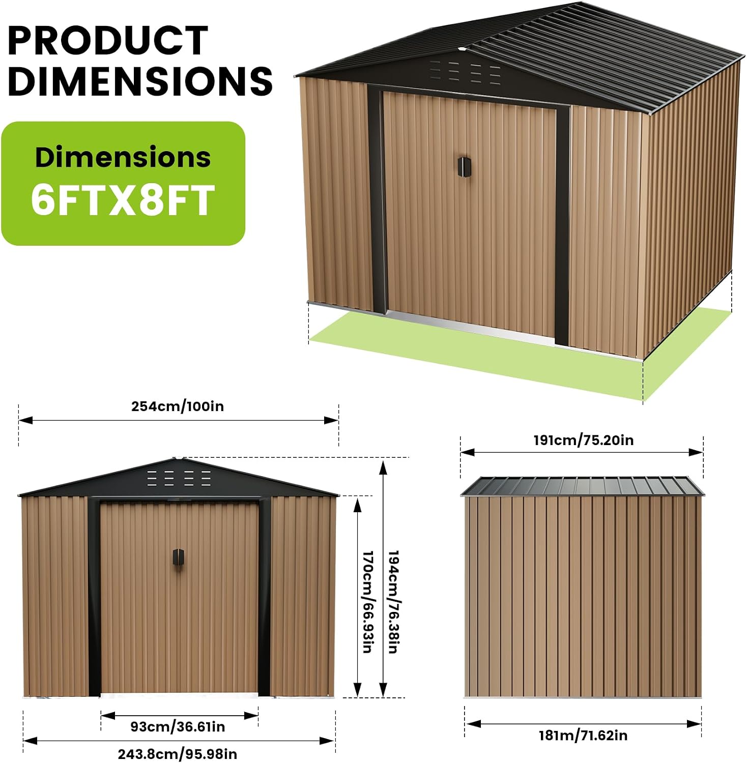 8FT x 6FT Sheds & Outdoor Storage, Metal Garden Shed, Outdoor Storage Shed, Metal Utility Tool Storage Shed with Door Lock, Waterproof Roofs, for Backyard Garden Patio Lawn, Brown