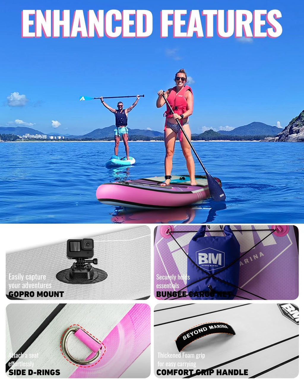 BM Paddle Board Inflatable Stand Up Paddle Board, SUP Paddleboard for Adult, Premium Accessories | Non-Slip EVA Deck & Foam Handles, Camera Mount, Double Action Pump, 85L Travel Backpack