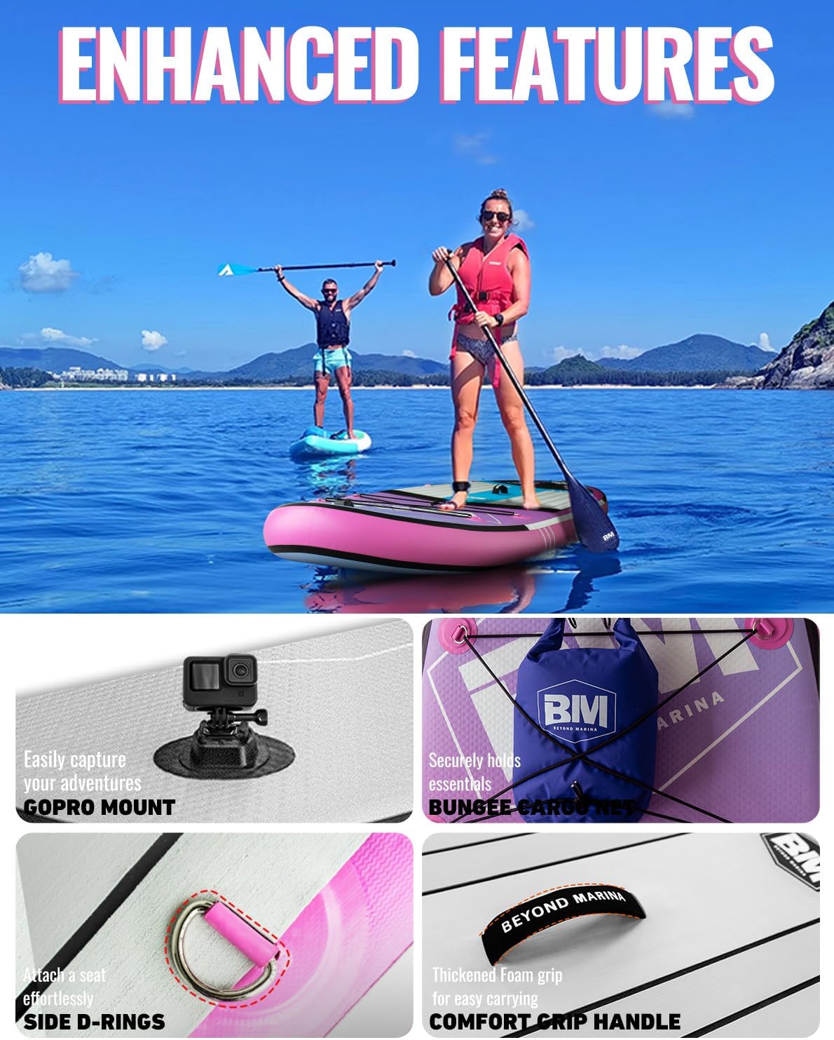 BM Paddle Board Inflatable Stand Up Paddle Board, SUP Paddleboard for Adult, Premium Accessories | Non-Slip EVA Deck & Foam Handles, Camera Mount, Double Action Pump, 85L Travel Backpack