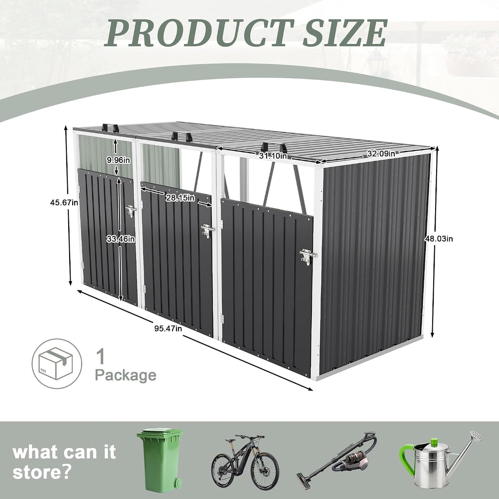 83 Cu Ft Outdoor Storage Shed, Metal Garbage Tool Trash Can Storage, Stainless Galvanized Steel, Pneumatic Support Rod, Bike Storage Shed for 3 Trash Bins (Dark Gray+3 Trash Can)