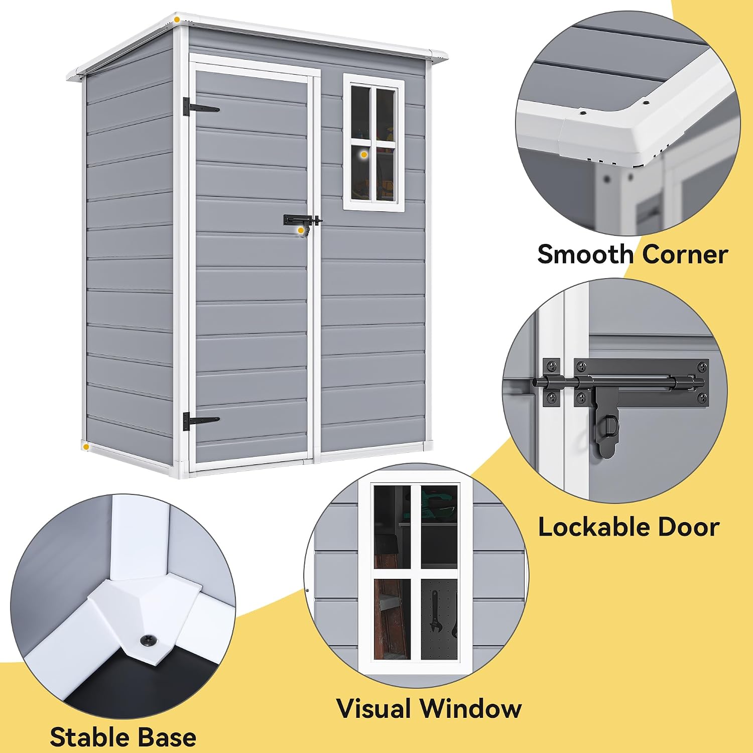 DWVO 5x3ft Resin Outdoor Storage Shed with Floor, Waterproof Lockable Storage Shed with Window, Plastic Outside Tool Storage for Garden, Backyard, Patio, Lawn,Gray