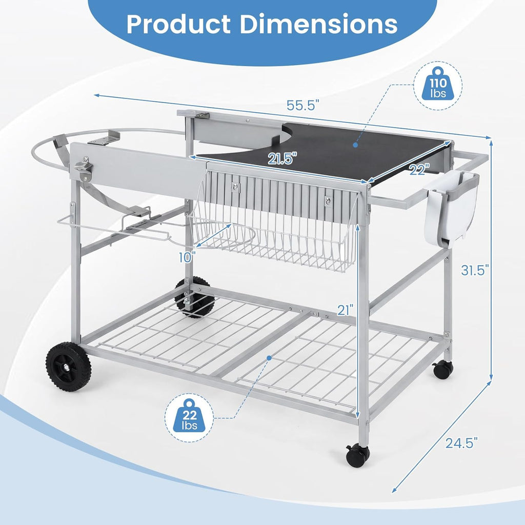HAPPYGRILL Outdoor Grill Table for 18'& 22' Weber Original Kettle, Movable BBQ Grill Cart w/Wire Rack, Seasoning Rack & Garbage Can, Prep Kitchen Island w/Storage for Backyard Camping Picnic